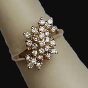 VINTAGE LADIES 14 KARAT YELLOW GOLD DIAMOND WATERFALL CLUSTER COCKTAIL RING